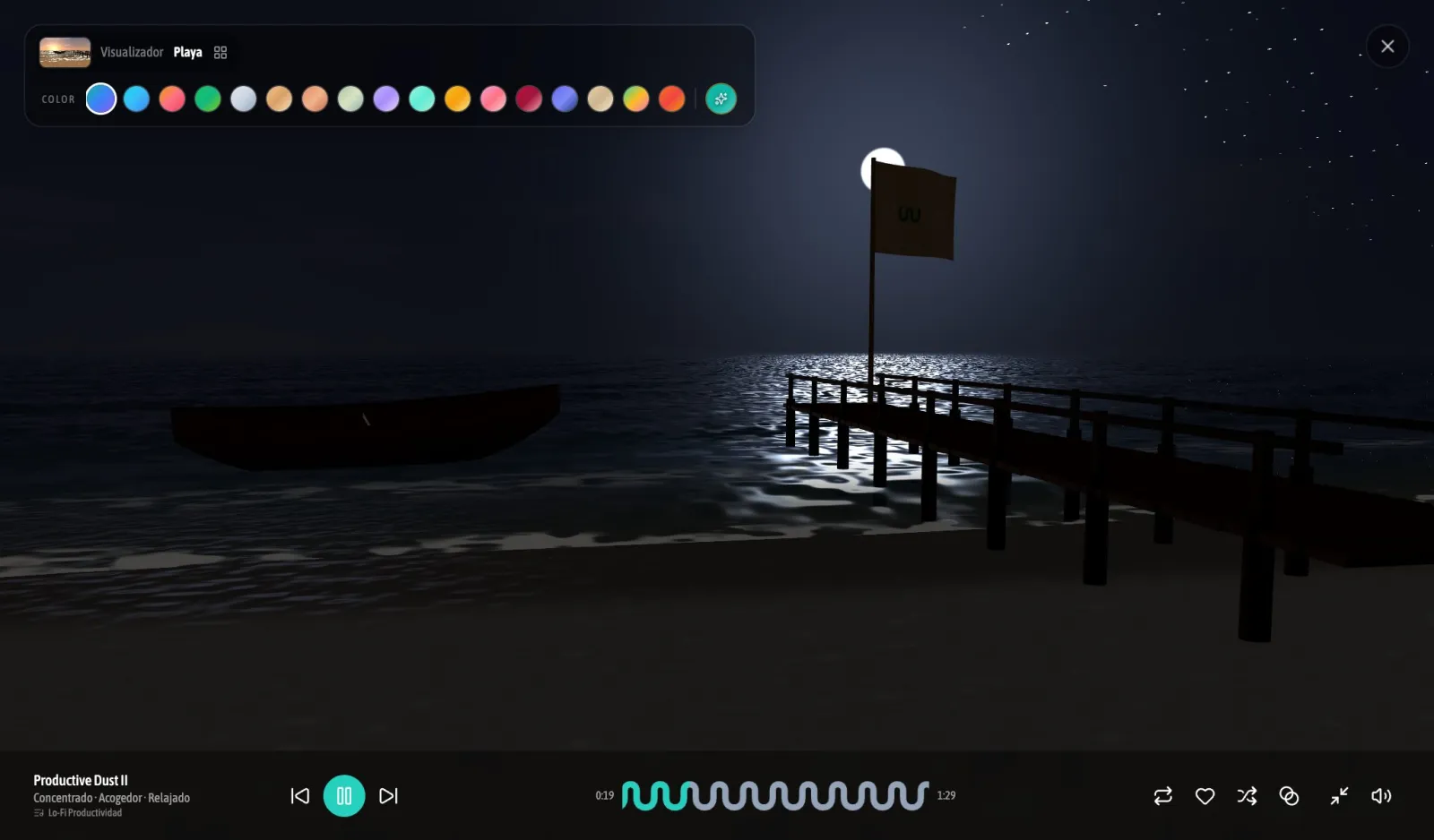 La misma playa de noche: luna y estrellas, según la hora real