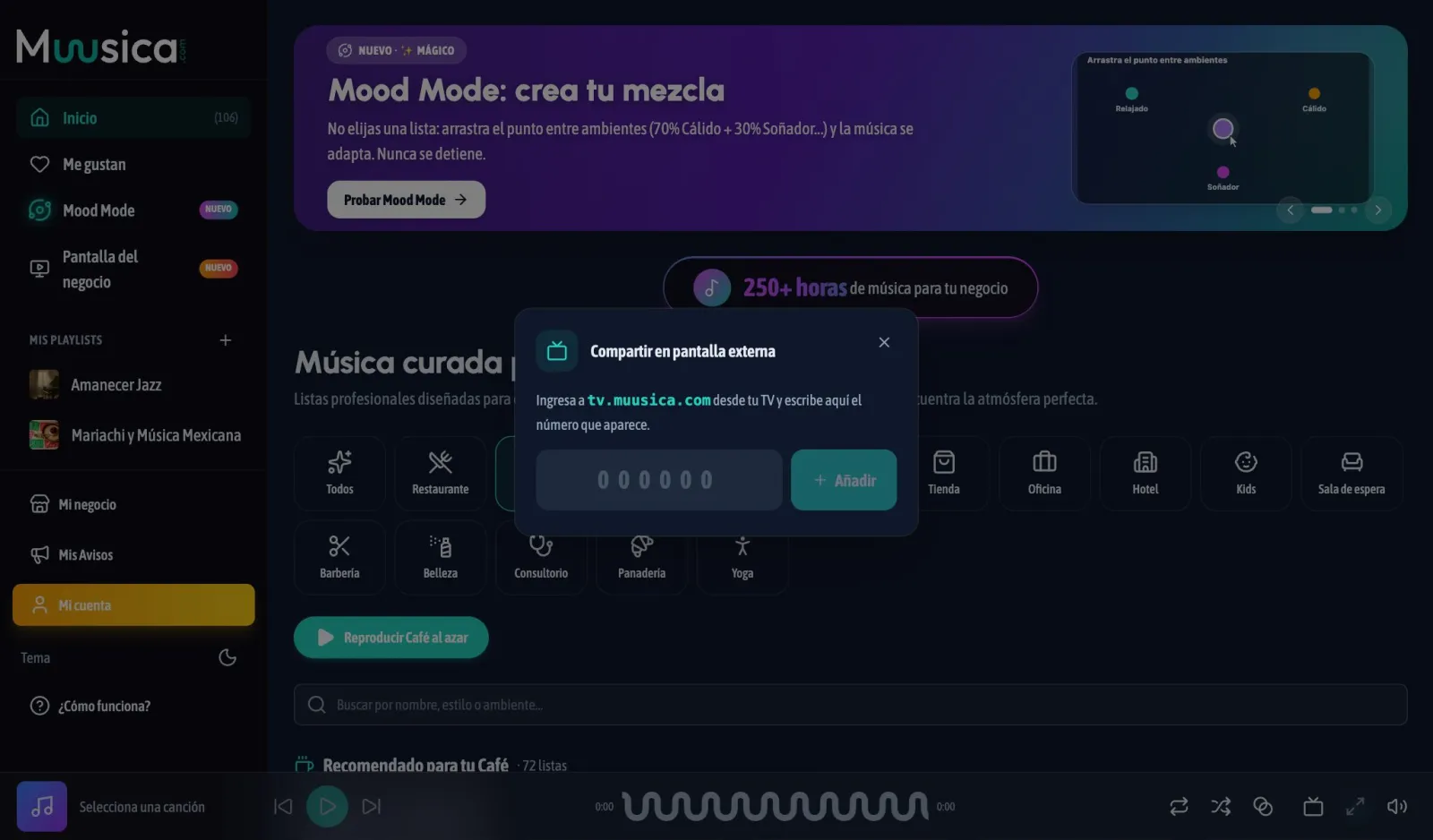 Escribe aquí el código que aparece en tv.muusica.com y toca «Añadir»